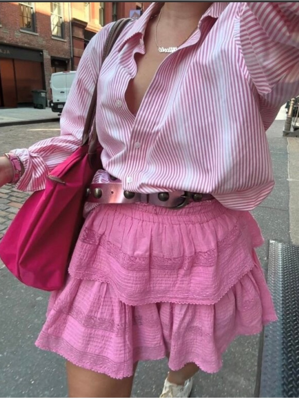 LoveShackFancy Hot Pink Ruffle lace trim Heritage Mini Skirt